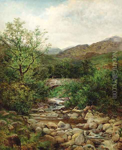 A bridge over a mountain stream, North Wales Oil Painting - Benjamin Williams Leader