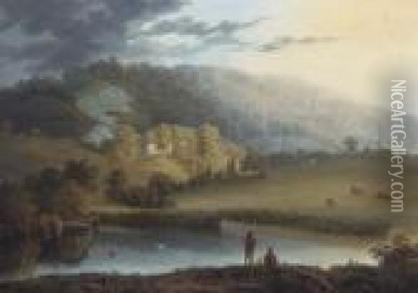 Anglers In An Extensive Landscape Oil Painting - William Alfred Delamotte