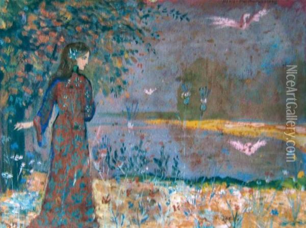 Femme Symboliste Au Bord Du Lac Oil Painting - Alexis Merodack-Jeanneau