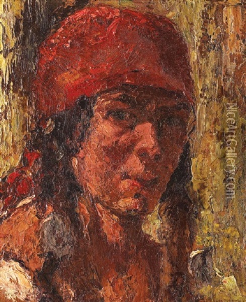 Gypsy With Red Kerchief Oil Painting - Octav Bancila
