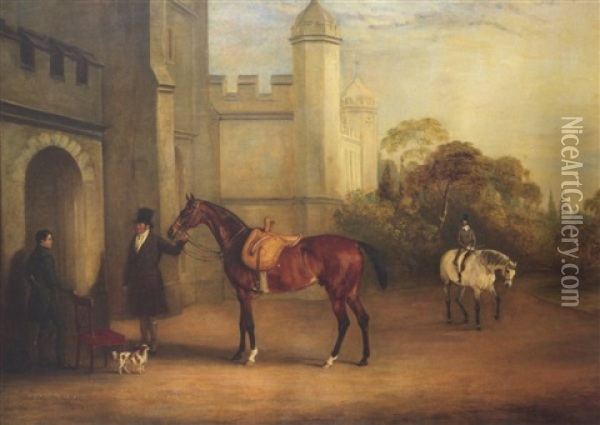 Wycombe Abbey, With Portraits Of Johnny Wilmer, John Cross  And The 1st Lady Carrington's Favourite Hack Oil Painting - John E. Ferneley