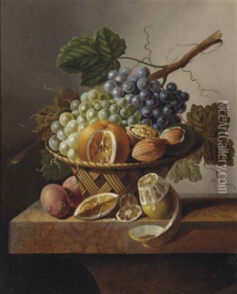 Grapes, An Orange And Walnuts In A Wicker Basket With A Lemon And Plums, All On A Marble Ledge Oil Painting - Johannes Cornelis de Bruyn
