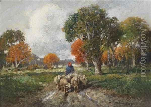 Shepherd And Herd Of Sheep Oil Painting - Adolf Kaufmann