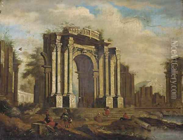 A capriccio of classical ruins with soldiers and other figures in the foreground Oil Painting - Giovanni Ghisolfi
