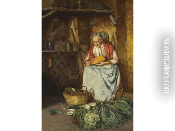 Woman Preparing Food In A Kitchen Oil Painting - Giuseppe Giardiello