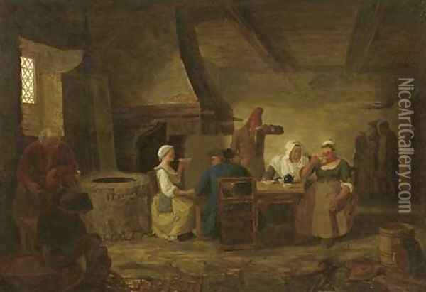 The interior of an inn with peasants seated by a table drinking tea Oil Painting - Leonard Defrance