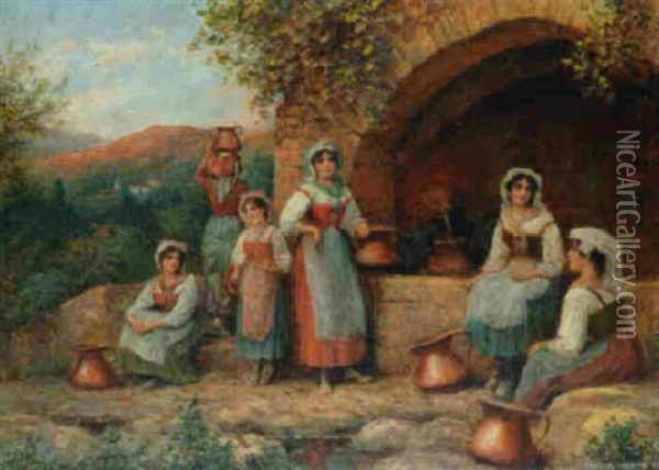 Gossiping At The Well Oil Painting - Arthur Trevor Haddon