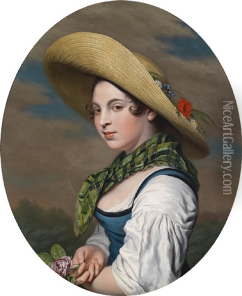 Ein Junges Madchen Mit Einem Strohhut Und Einer Rose Oil Painting - Pieter Christoffel Wonder