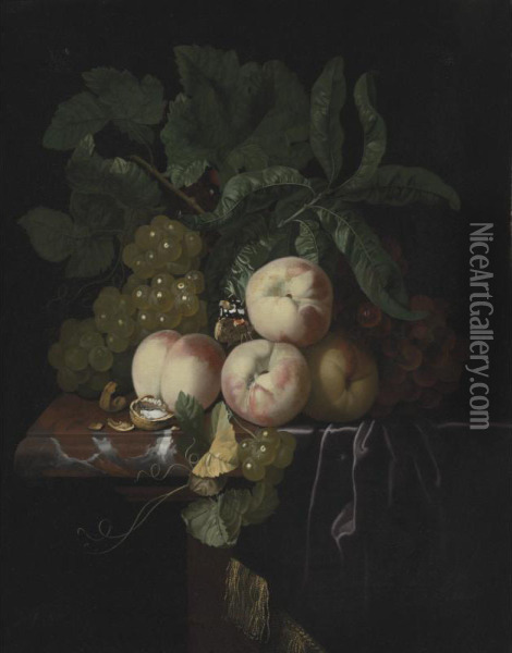 Still Life Of Peaches And Bunches Of Grapes Resting On A Marble Ledge Oil Painting - Isaak Denies