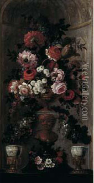 Bouquet De Fleurs Dans Un Vase De Bronze Dans Une Niche De Pierre Oil Painting - Pierre-Nicolas Huillot