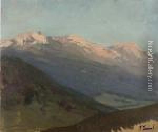 A Snow-covered Mountain Range Oil Painting - Franz Roubaud
