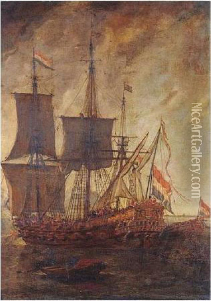 A Dutch Man-o-war Firing A Salute, With The State Barge Alongside The Starboard Stern Oil Painting - Lieve Verschuier