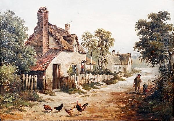 Country Lane With Figures And Cottages, Signed Lower Left, On Canvas Oil Painting - Herbert Baker