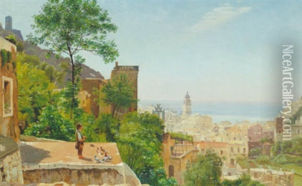 Udsigt Over Neapel By Med Havet I Baggrunden Oil Painting - Niels Fristrupp