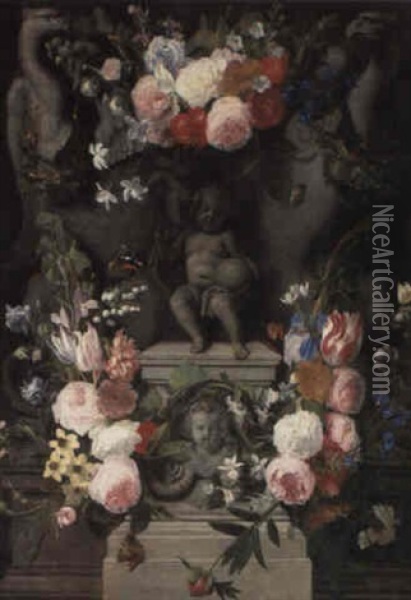 Swags Of Flowers Surrounding A Stone Cartouche Enclosing A Statue Oil Painting - Daniel Seghers