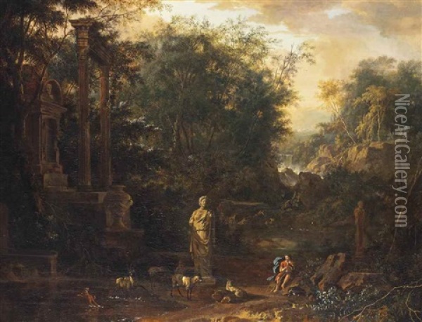 A Classical River Landscape With A Herdsman And His Flock Amongst Ruins, A Waterfall Beyond Oil Painting - Frederick De Moucheron