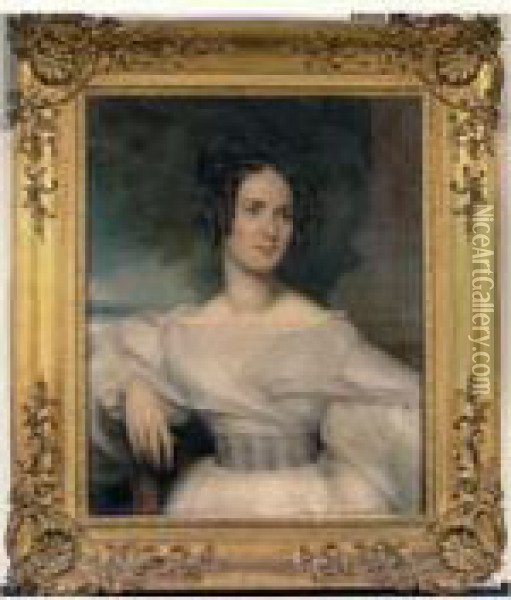 Portrait De Jeune Femme En Robe Blanche Oil Painting - Merry Joseph Blondel