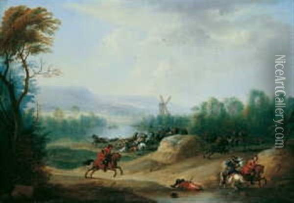 Weite Landschaft Mit Reitergefecht Und Windmuhle Oil Painting - Jan-Peter van Bredael the Younger