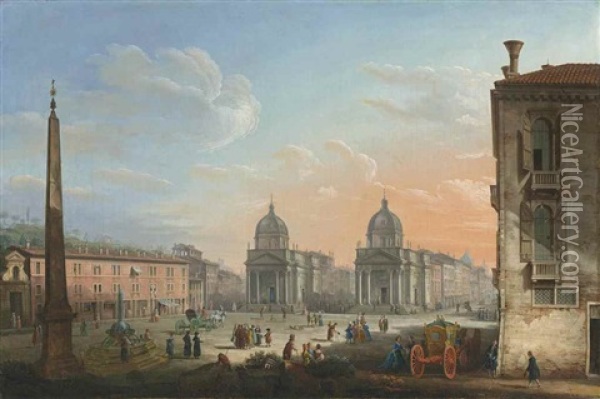 The Piazza Del Popolo, Rome, Looking Towards The Churches Of Santa Maria Di Montesanto And Santa Maria Dei Miracoli Oil Painting - Pietro Bellotti