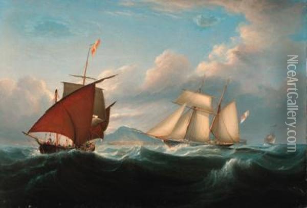 Lord Belfast's Yacht Emily Off The Mediterranean Coast With A Xebecoff Her Port Bow Oil Painting - John Lynn