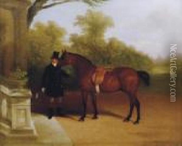 A Groom With A Bay Cob, At The Door Of A Mansion Oil Painting - William Joseph Shayer