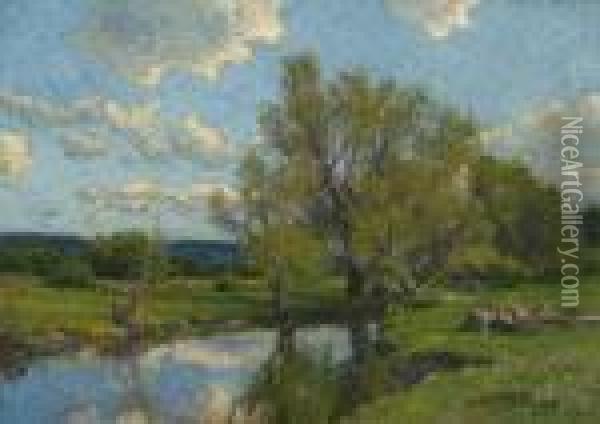 Summertime Along The Brook Oil Painting - Hugh Bolton Jones