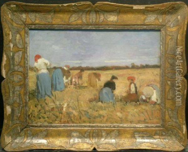 Harvesters In A Field Oil Painting - Luigi Cicerchia