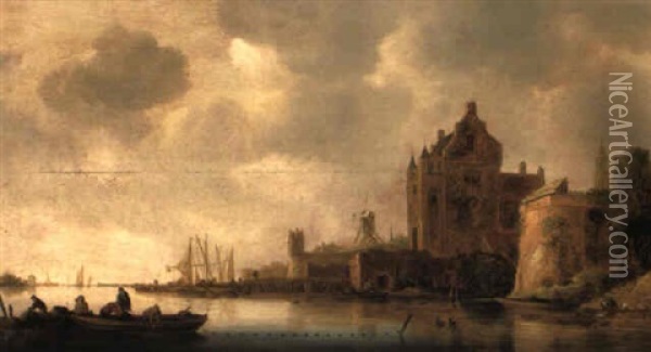 A River Landscape With Fishermen Hauling In Their Nets Before A Castle Oil Painting - Frans de Hulst