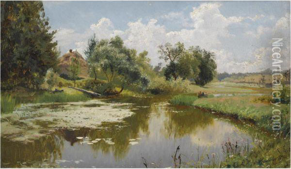 River Landscape Oil Painting - Alexander Alexandrovich Kiselev