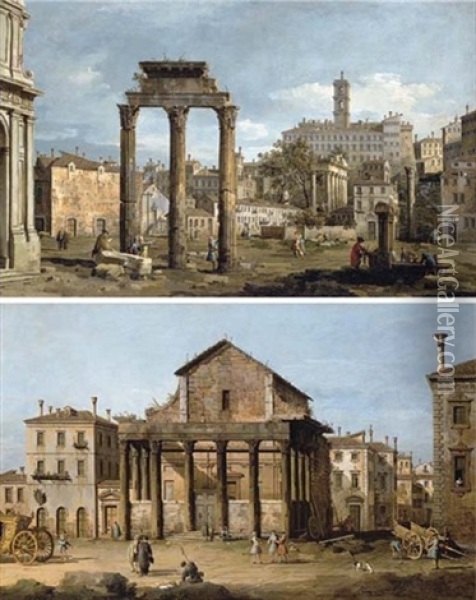 Rome - The Forum With The Temple Of Castor And Pollux (+ The Temple Of Antoninus And Faustina In The Forum; Pair) Oil Painting - Bernardo Bellotto