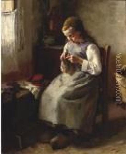 A Young Girl Knitting Oil Painting - Lammert Van Der Tonge