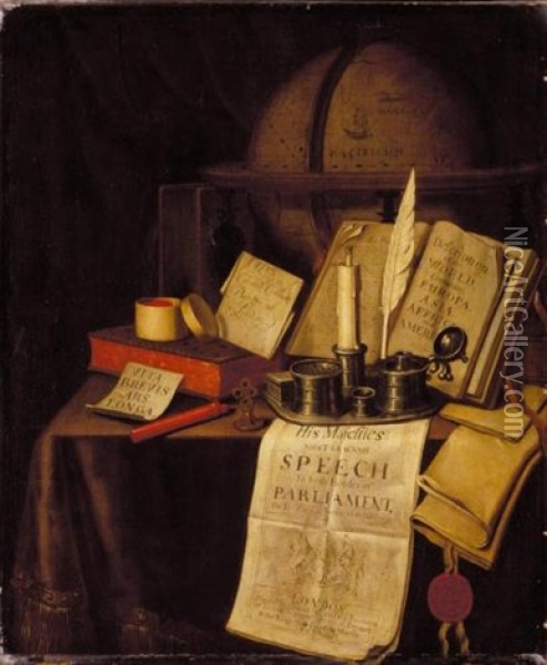 A Vanitas Still Life With An Ink-well And Quill, A Candle, A Box Of Seals, Sealing Wax, Books And A Globe On A Draped Table Oil Painting - Edward Collier