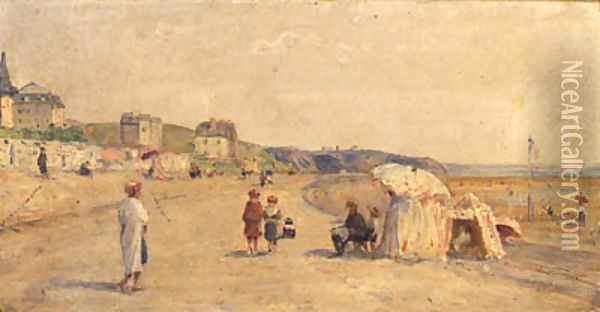 And Bathing Tents On A Beach Oil Painting - French School