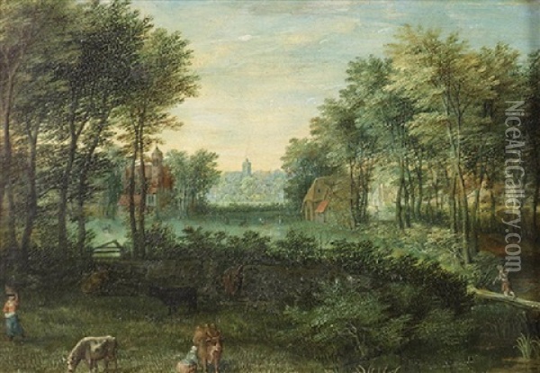 Landscape With Peasants And Livestock Oil Painting - Jan Van Balen