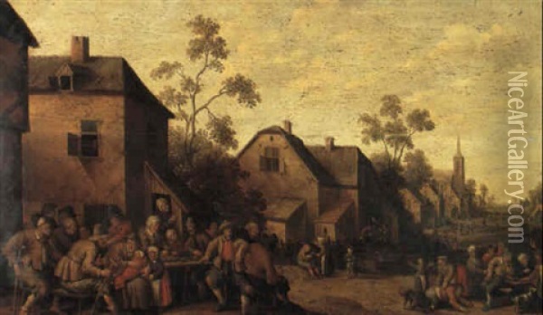 Village Scene With Figures Eating And Playing Oil Painting - Joost Cornelisz. Droochsloot