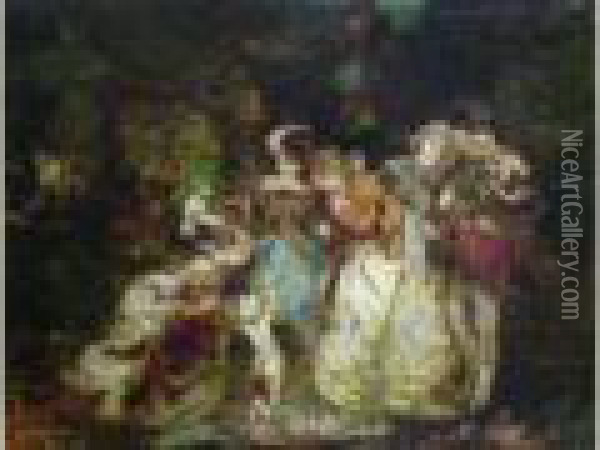 Cinq Personnages Avec Un Amour Et Un Perroquet Ou La Chasse Au Faucon Oil Painting - Adolphe Joseph Th. Monticelli