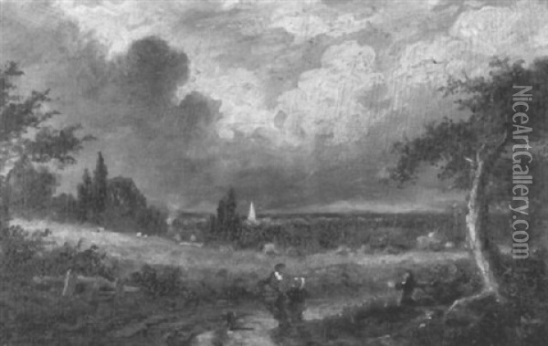 Figures On A Track In A Stormy Landscape Oil Painting - James Thomas Linnell