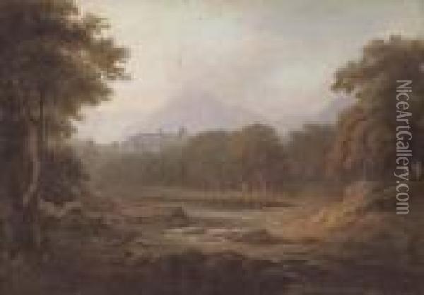 A Wooded River Landscape With A Ruined Abbey Beyond Oil Painting - Alexander Nasmyth