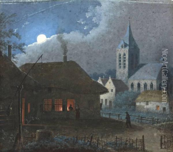 Dorpsgezicht Bij Maanlicht Oil Painting - Martheus Derk Knip