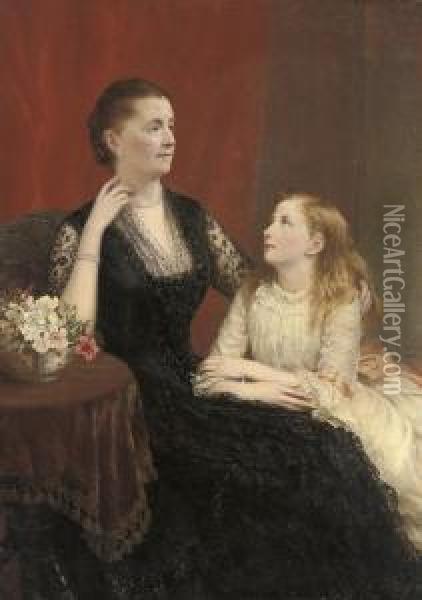 Portrait Of A Lady In A Black Dress, Seated Three-quarter-length,with Her Daughter To Her Side, In An Interior Oil Painting - Samuel Sidley