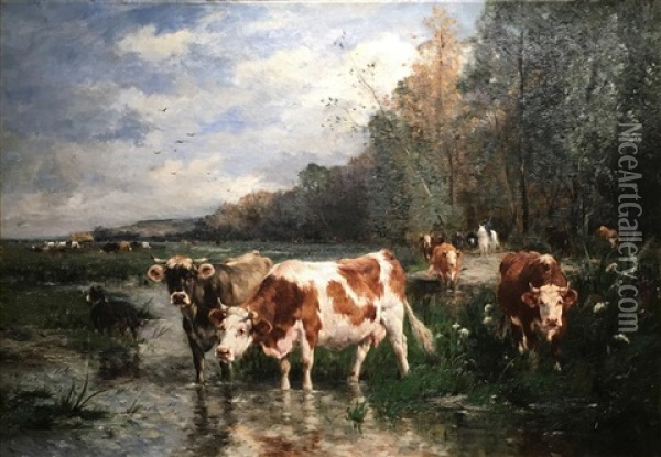 Cows Watering Oil Painting - Marie Dieterle