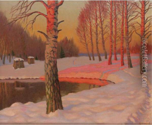Winter Sunset Oil Painting - Michail Markianovic Germasev