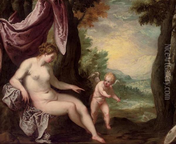 Venus And Cupid In A Landscape Oil Painting - Lambert Sustris