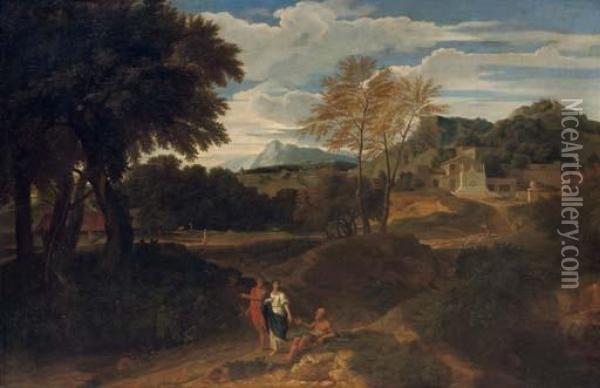 A Mountainous Landscape With 
Travellers Conversing With A Beggar, A Shepherd With His Flock And A 
Villa Beyond Oil Painting - Francisque I Millet