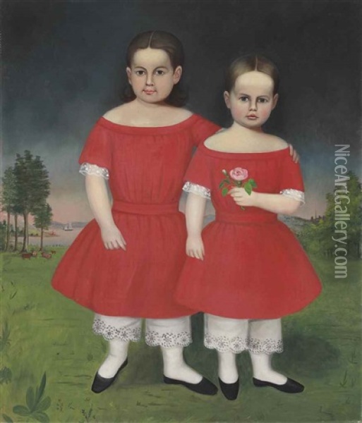 Portrait Of Two Girls In Pantaloons Oil Painting - Joseph Whiting Stock