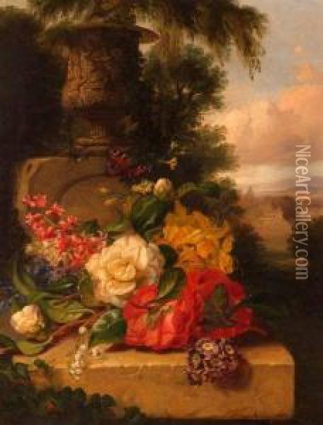 Still
Life Study Of Mixed Flowers And Butterfly On Marble Ledge Oil Painting - John Wainwright