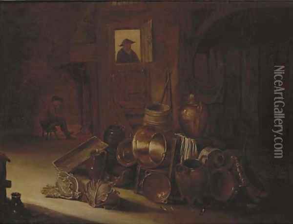 A stable interior with kitchen utensils and vegetables in the foreground Oil Painting - Hendrick Maertensz. Sorch (see Sorgh)