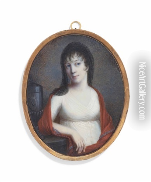 A Young Lady, In White Dress, Red Cashmere Shawl Draped Around Her Shoulders, Falling Black Lace Veil Over Her Dark Curling Hair, Her Right Arm Leaning On A Ledge With An Urn With The Initial S Oil Painting - Bernhard von Guerard