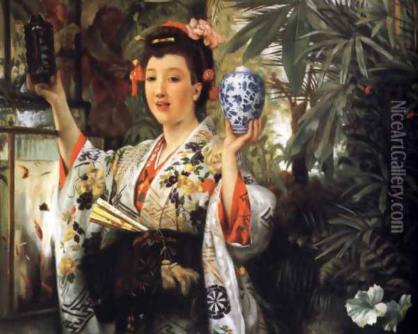 Young Lady Holding Japanese Objects Oil Painting - James Jacques Joseph Tissot