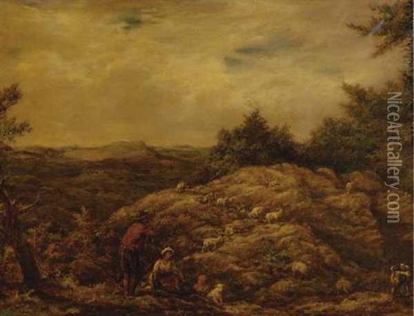 A Shepherd And Sheep In A Landscape Oil Painting - John Linnell